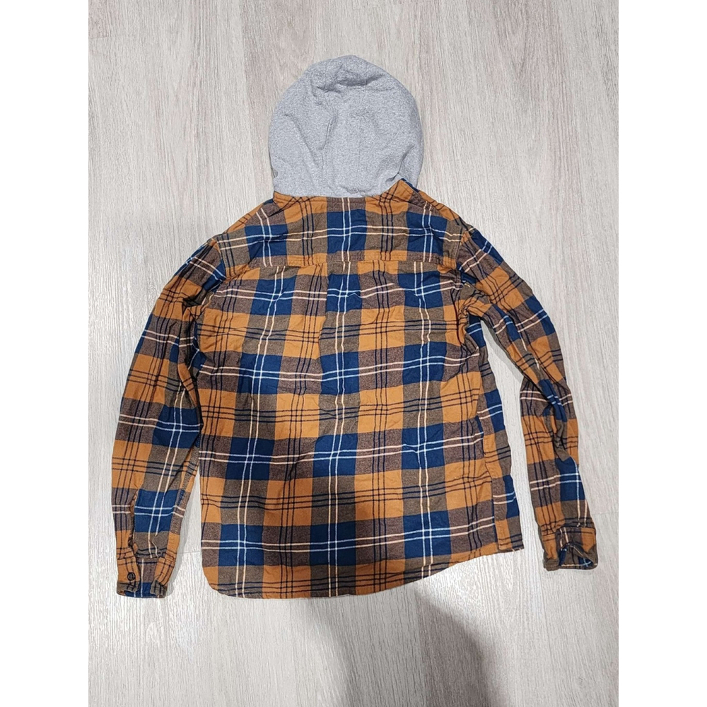 Quiksilver Plaid Flannel Hooded Shirt Long Sleeve Button Up Blue Tan Kids Large - Picture 4 of 6